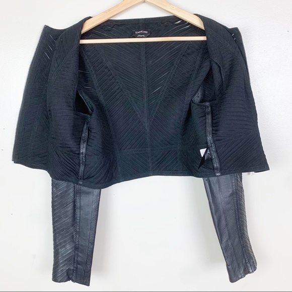 BEBE Cropped Genuine Leather Strip Zip Up Jacket Round Neck US L - Picture 7 of 9